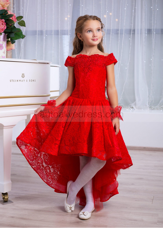 Off Shoulder Red Lace High Low Wedding Flower Girl Dress